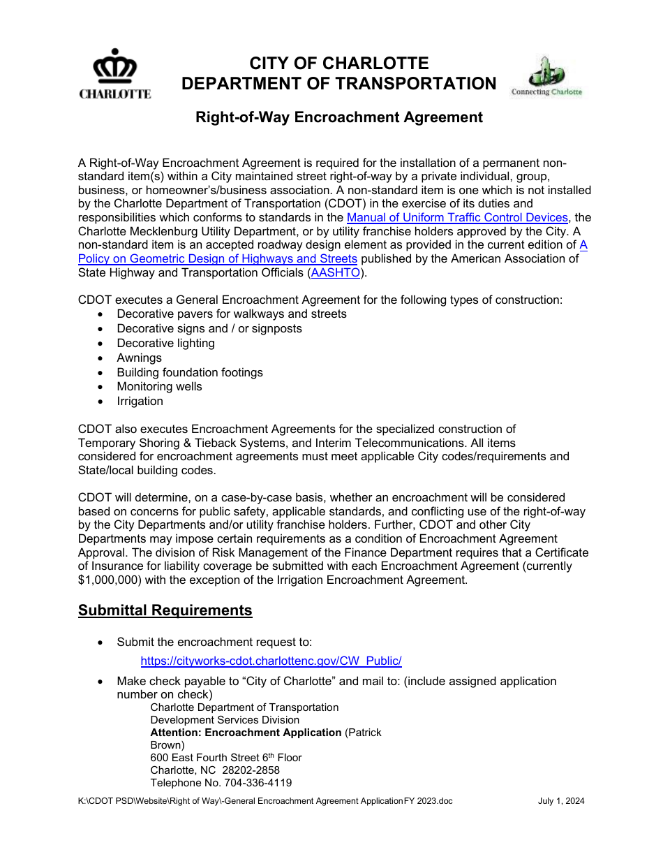 Right-Of-Way Encroachment Agreement - City of Charlotte, North Carolina, Page 1