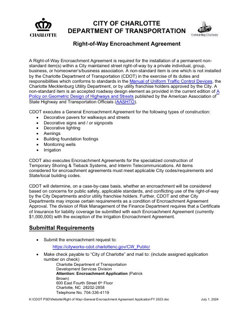 Right-Of-Way Encroachment Agreement - City of Charlotte, North Carolina Download Pdf