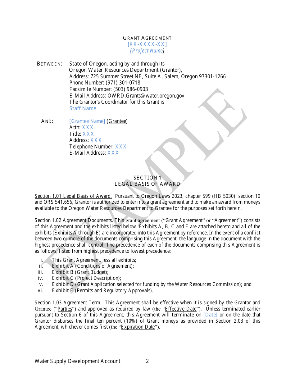 Irrigation Modernization Funding Grant Agreement - Example - Oregon, Page 2