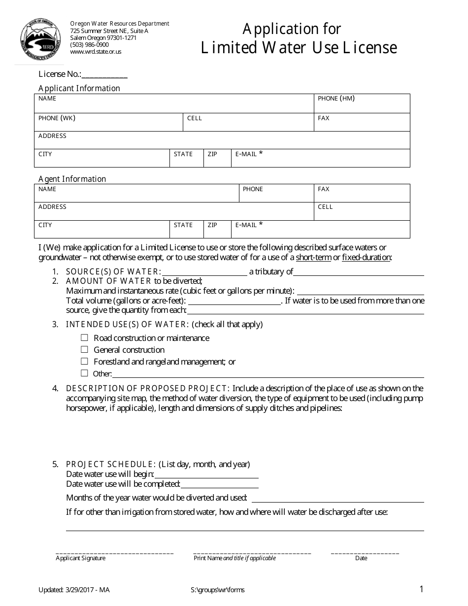 Application for Limited Water Use License - Oregon, Page 1