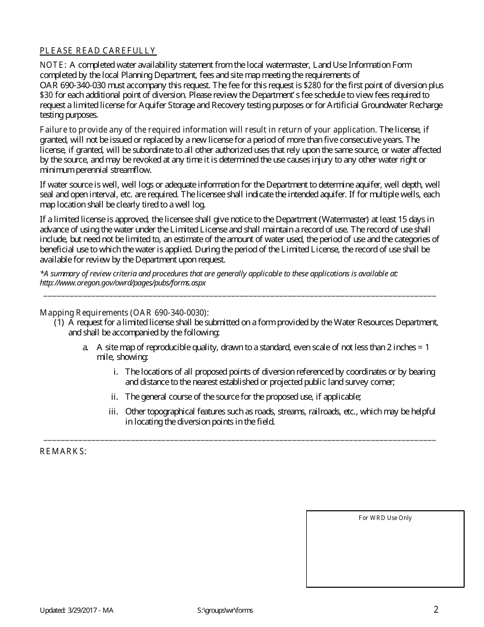 Application for Limited Water Use License - Oregon, Page 2