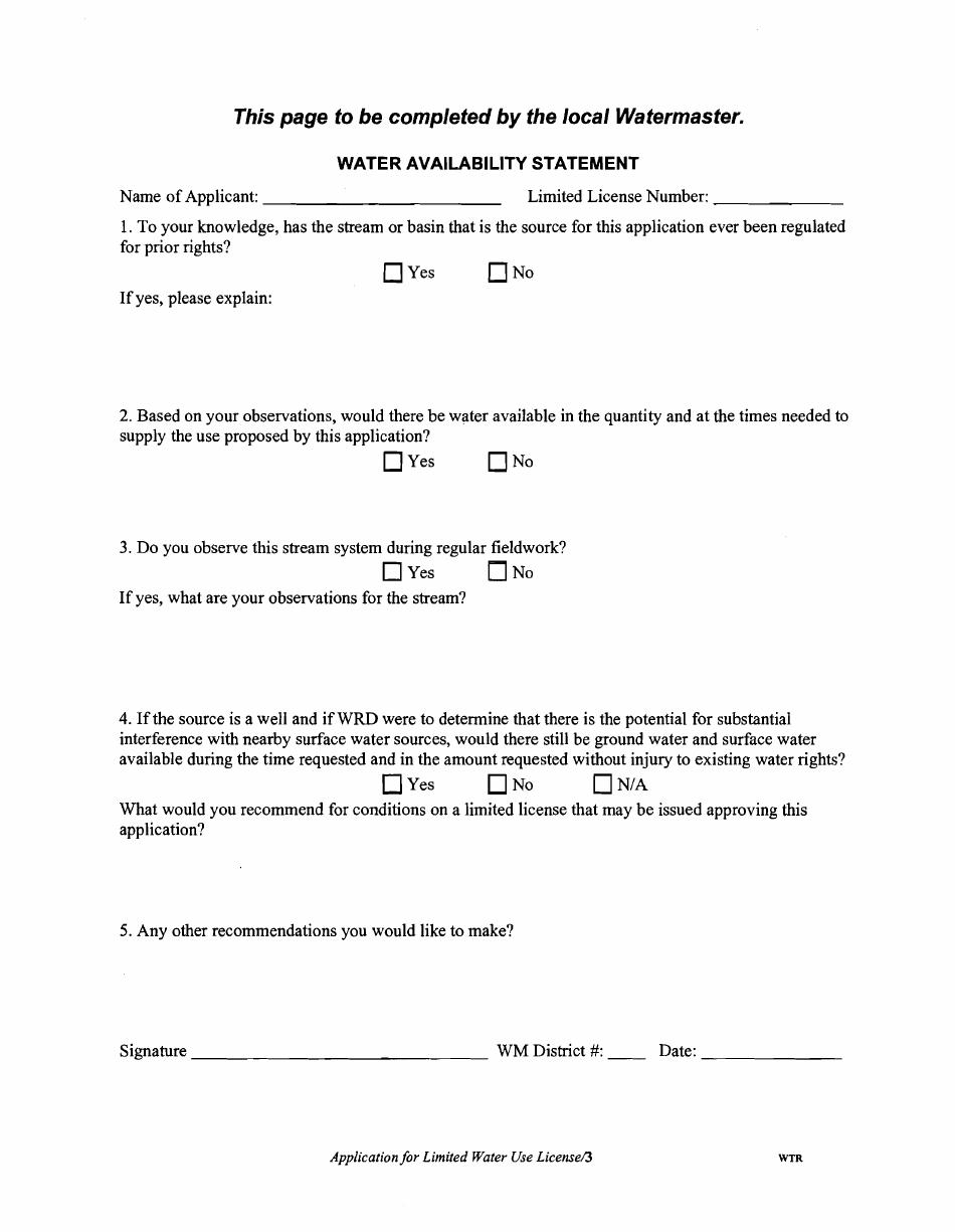 Application for Limited Water Use License - Oregon, Page 3