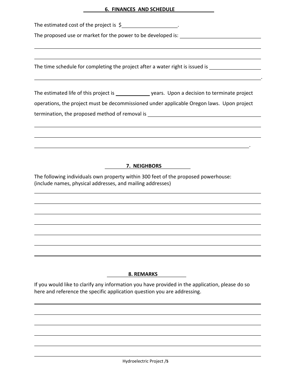 Application to Develop a Minor Hydroelectric Project (Less Than 100 Theoretical Horsepower) - Oregon, Page 5