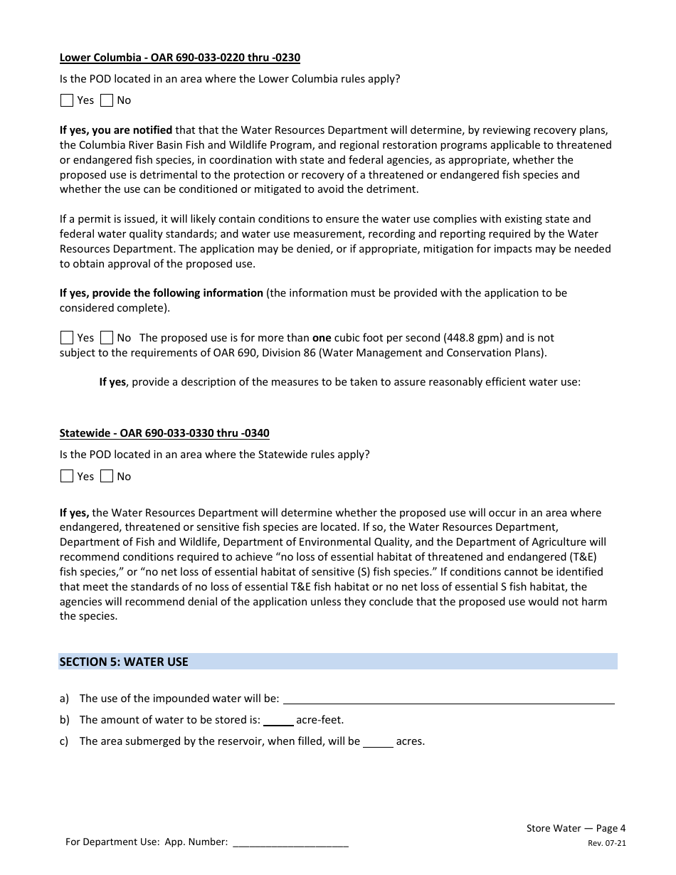 Application for a Permit to Store Water in a Reservoir - Oregon, Page 4