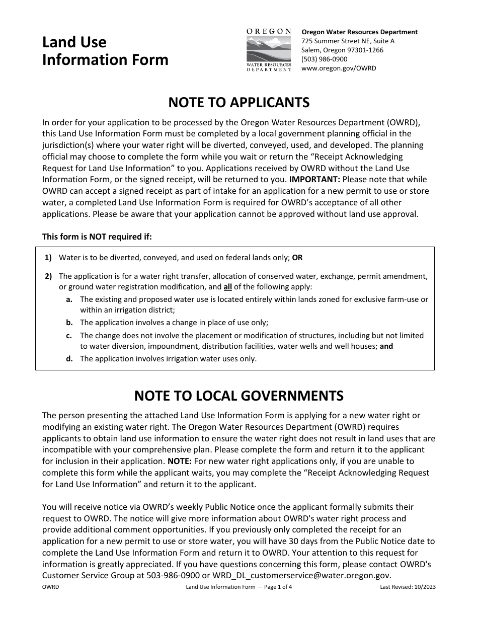 Land Use Information Form - Oregon, Page 1