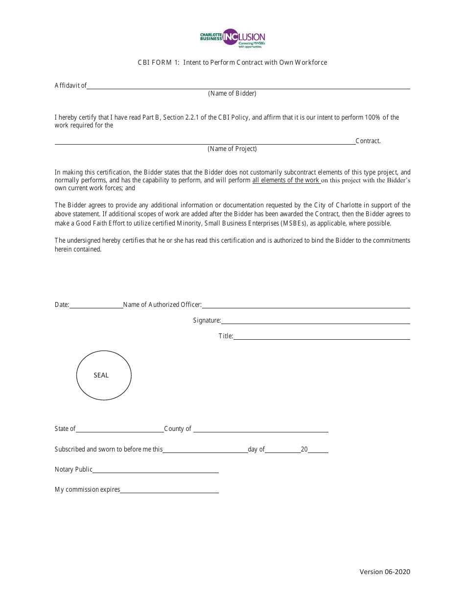 CBI Form 1 Intent to Perform Contract With Own Workforce - Msbe Goal - City of Charlotte, North Carolina, Page 1
