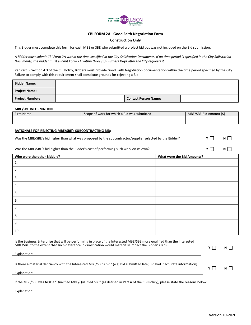 CBI Form 2A Good Faith Negotiation Form - Construction Only - City of Charlotte, North Carolina, Page 1