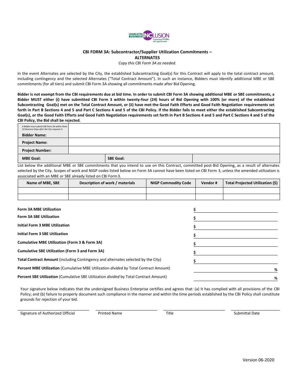 CBI Form 3A Subcontractor Supplier Utilization Commitments - Alternates Construction - Msbe Goal - City of Charlotte, North Carolina, Page 1