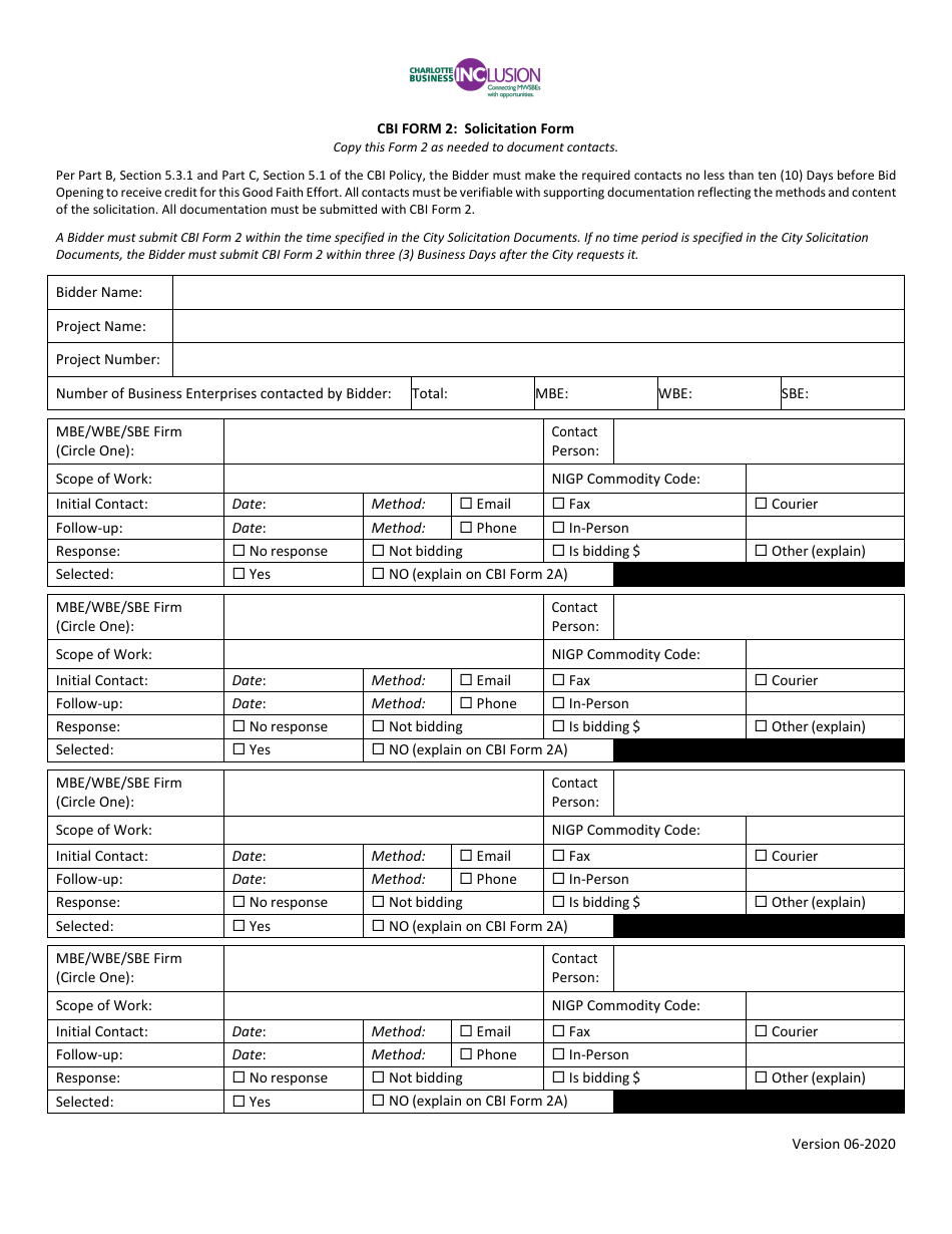 CBI Form 2 Solicitation Form - City of Charlotte, North Carolina, Page 1