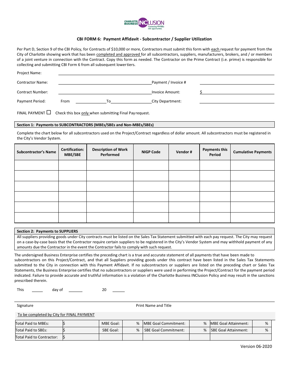 CBI Form 6 Payment Affidavit - Subcontractor / Supplier Utilization - Msbe Goal - City of Charlotte, North Carolina, Page 1