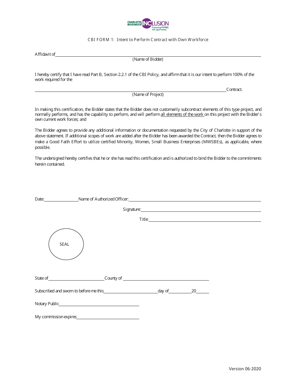 CBI Form 1 Intent to Perform Contract With Own Workforce - Mwsbe Goal - City of Charlotte, North Carolina, Page 1