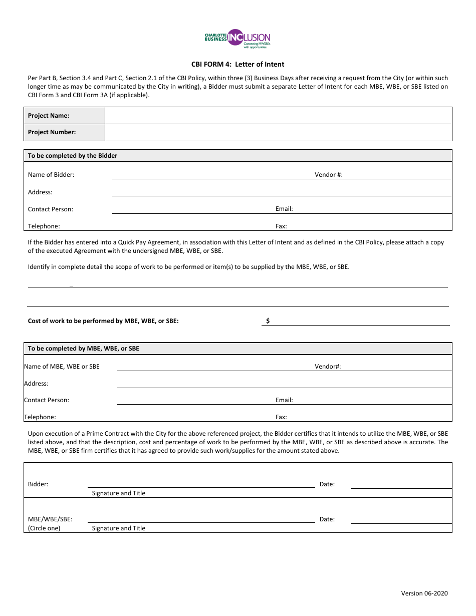 CBI Form 4 Letter of Intent - Mwsbe Goal - City of Charlotte, North Carolina, Page 1