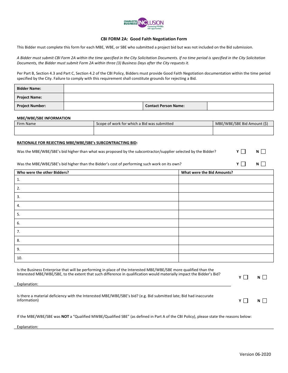 CBI Form 2A Good Faith Negotiation Form - Mwsbe Goal - City of Charlotte, North Carolina, Page 1