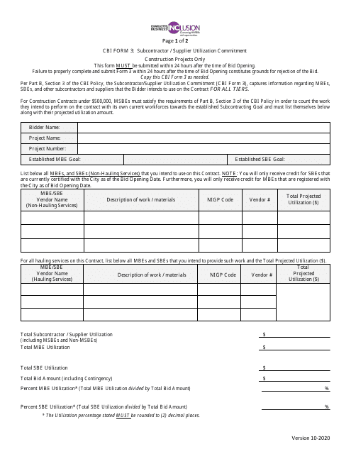 CBI Form 3 Subcontractor/Supplier Utilization Commitment - Msbe Goal - City of Charlotte, North Carolina