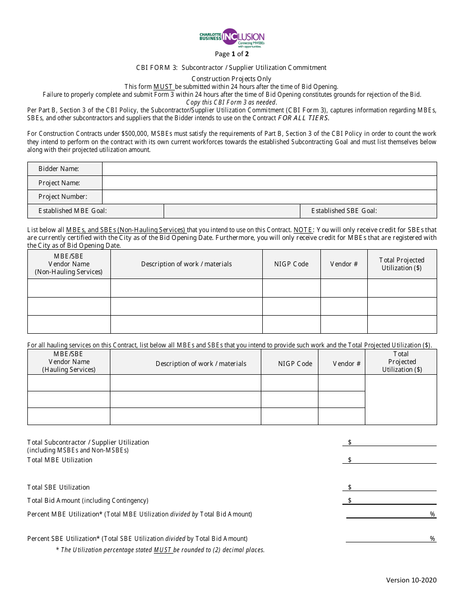 CBI Form 3 Subcontractor / Supplier Utilization Commitment - Msbe Goal - City of Charlotte, North Carolina, Page 1