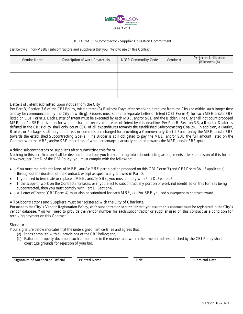 CBI Form 3 Subcontractor / Supplier Utilization Commitment - Msbe Goal - City of Charlotte, North Carolina, Page 2