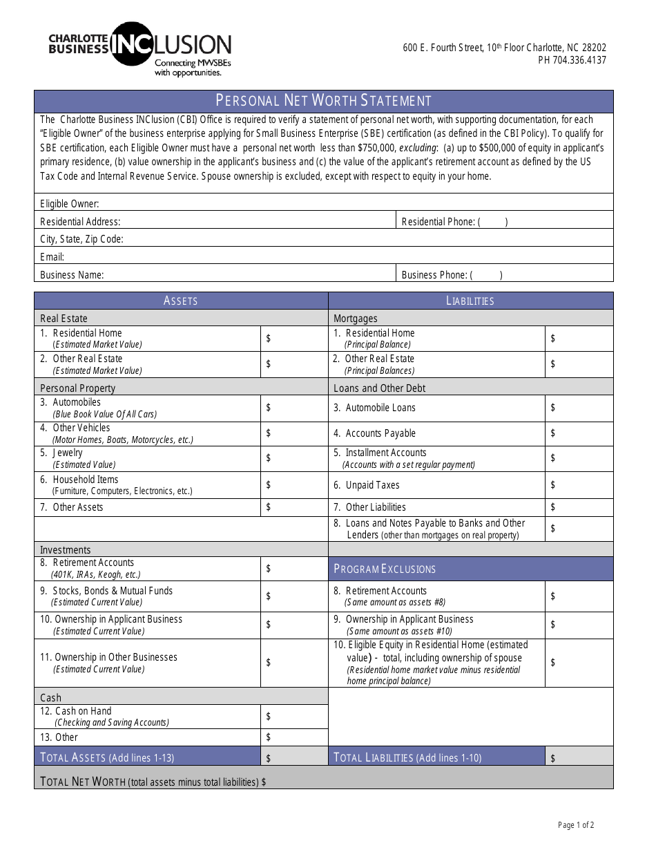 Personal Net Worth Statement - City of Charlotte, North Carolina, Page 1