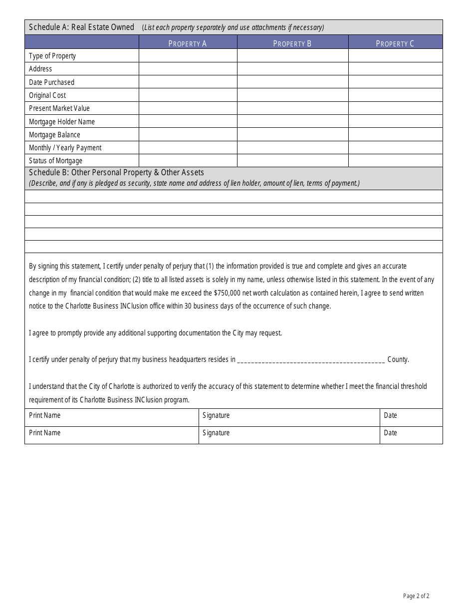 Personal Net Worth Statement - City of Charlotte, North Carolina, Page 2