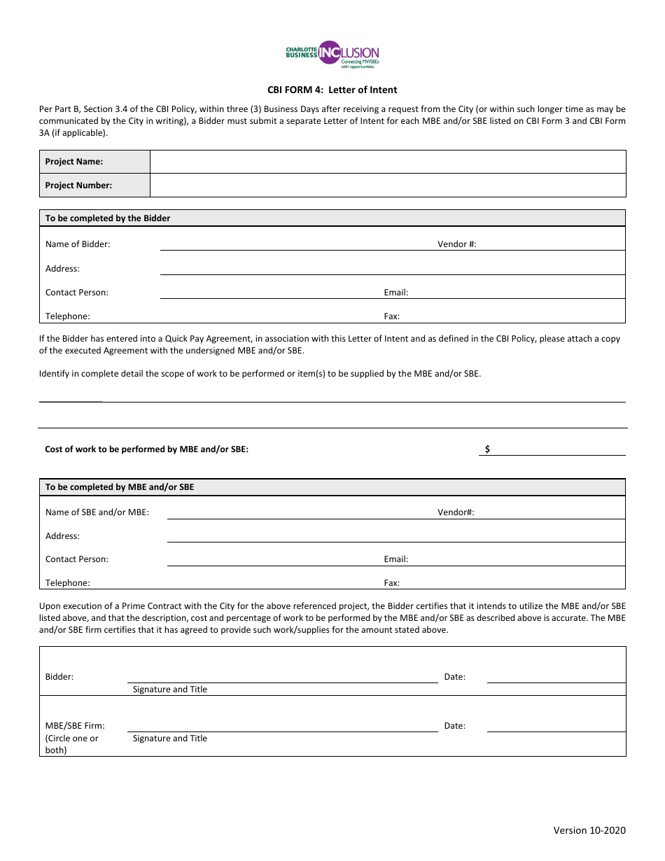 CBI Form 4 Letter of Intent - Msbe Goal - City of Charlotte, North Carolina, Page 1