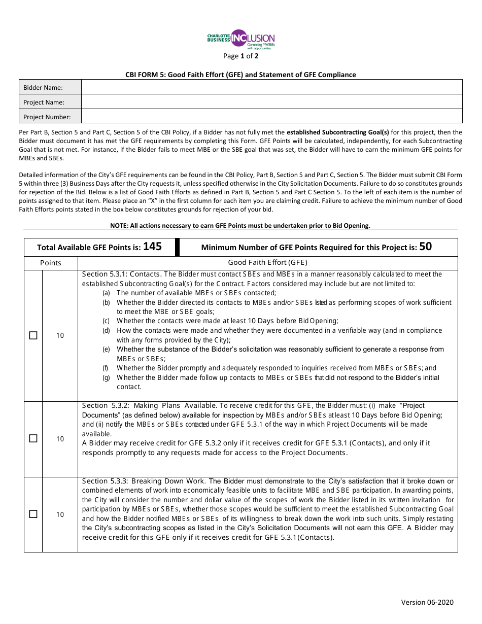 CBI Form 5 Good Faith Effort (GFE) and Statement of GFE Compliance - City of Charlotte, North Carolina, Page 1
