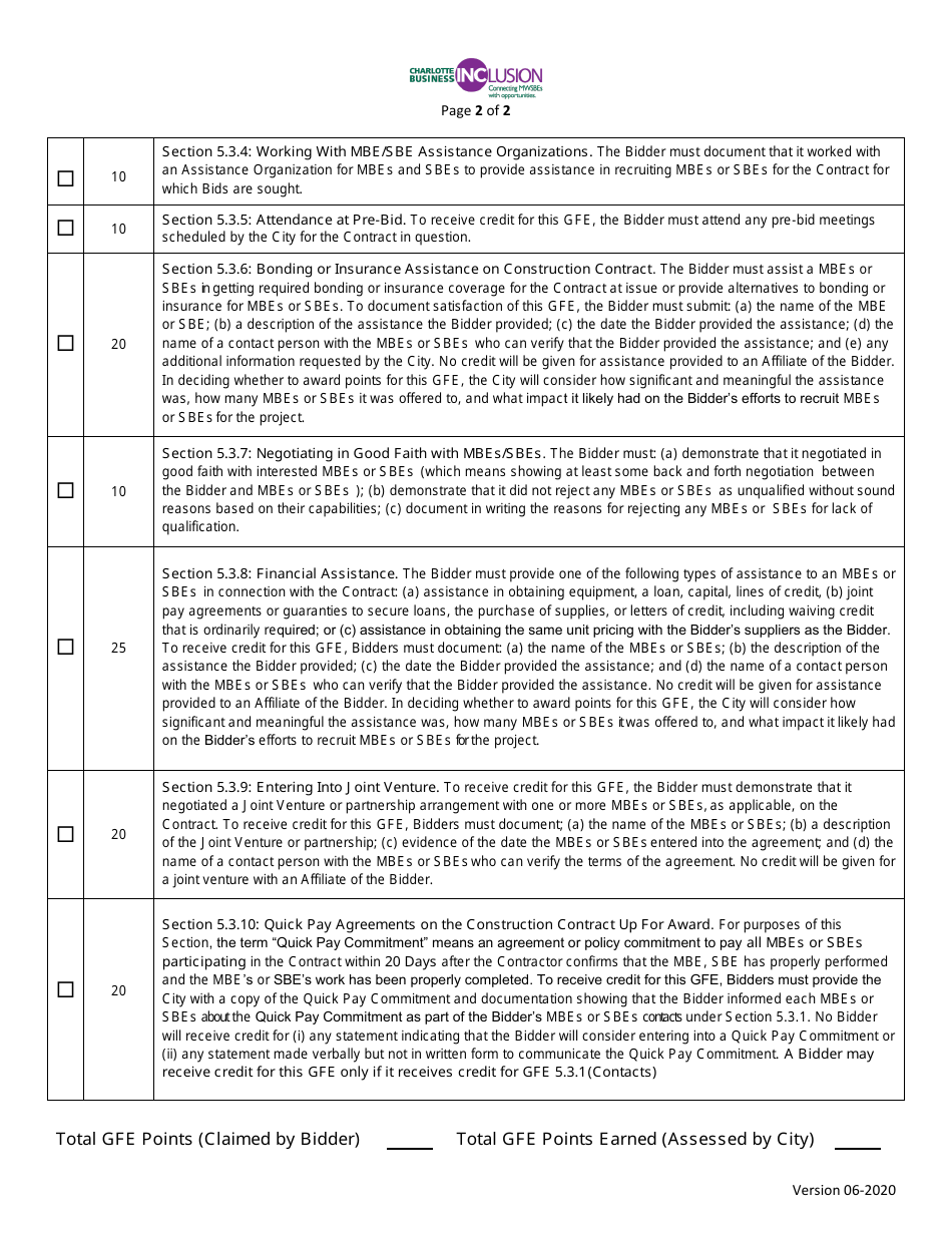CBI Form 5 Good Faith Effort (GFE) and Statement of GFE Compliance - City of Charlotte, North Carolina, Page 2