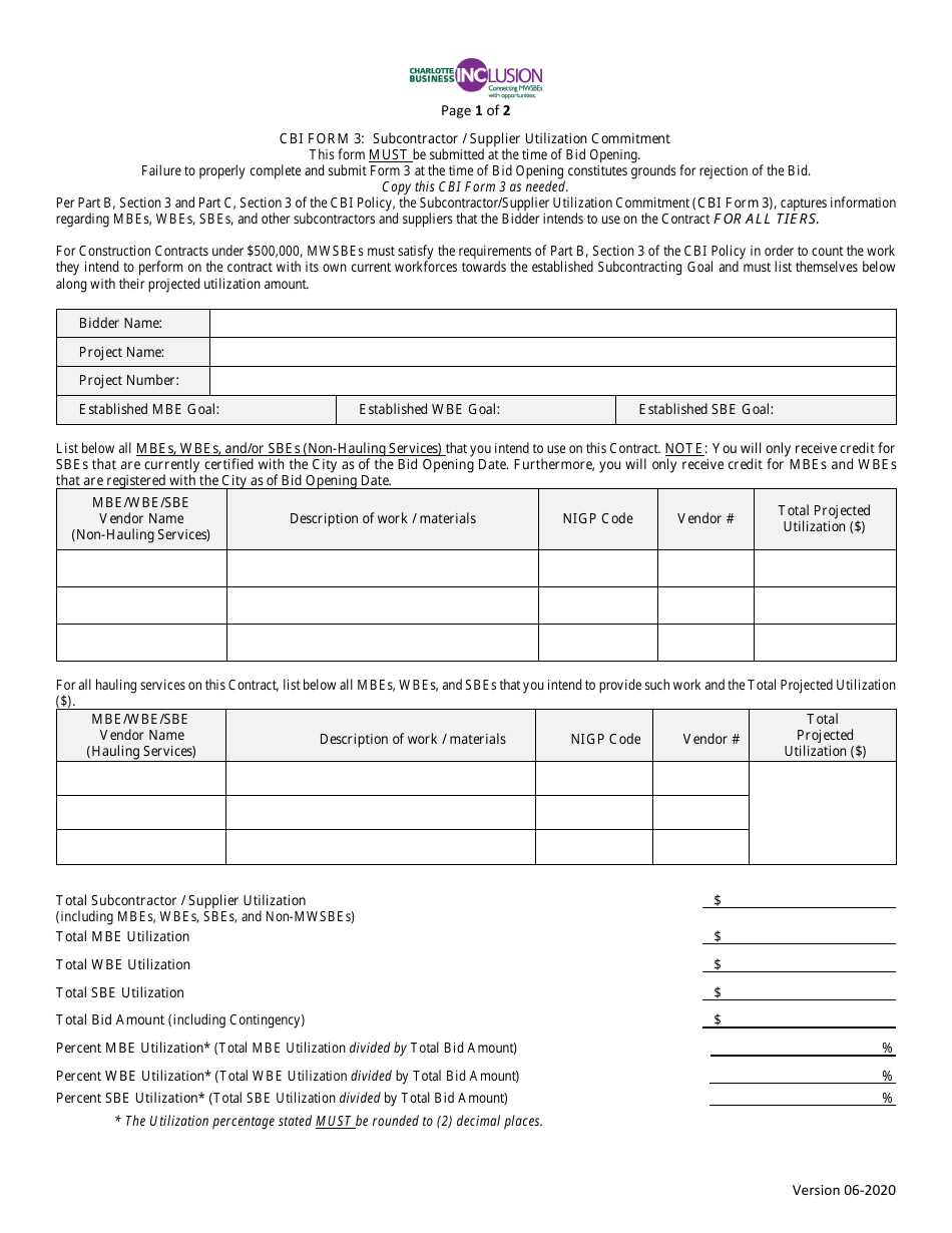 CBI Form 3 Subcontractor / Supplier Utilization Commitment - Mwsbe Goal - City of Charlotte, North Carolina, Page 1