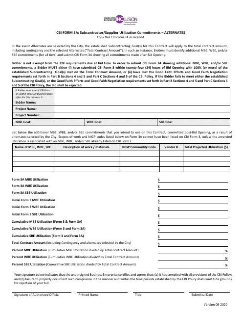 CBI Form 3A Subcontractor/Supplier Utilization Commitment - Alternates - Mwsbe Goal - City of Charlotte, North Carolina