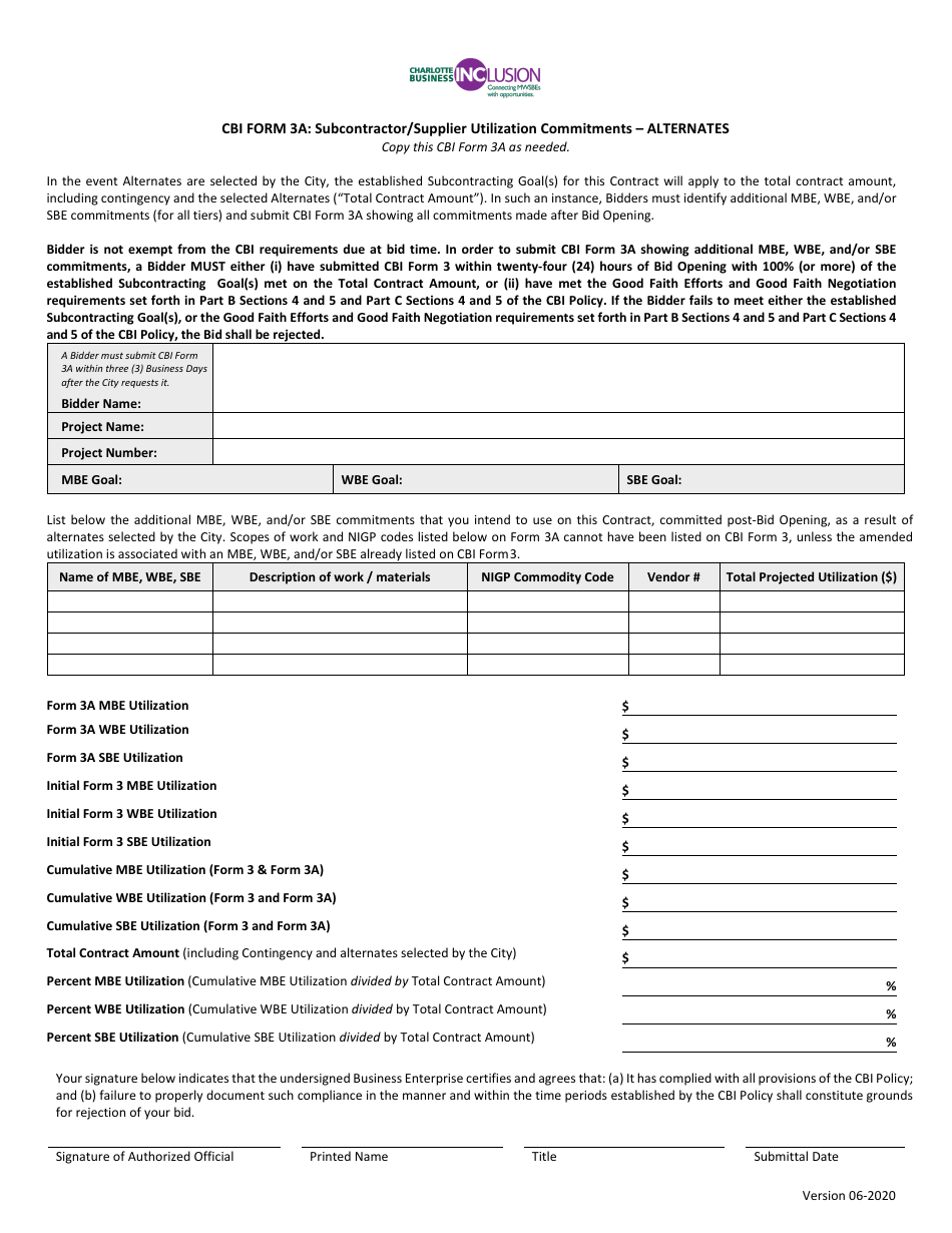 CBI Form 3A Subcontractor / Supplier Utilization Commitment - Alternates - Mwsbe Goal - City of Charlotte, North Carolina, Page 1