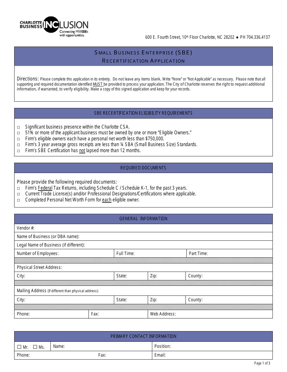 Small Business Enterprise (Sbe) Recertification Application - City of Charlotte, North Carolina, Page 1