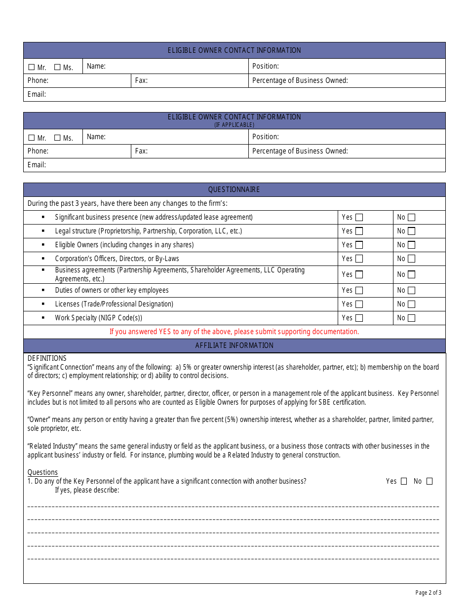 Small Business Enterprise (Sbe) Recertification Application - City of Charlotte, North Carolina, Page 2