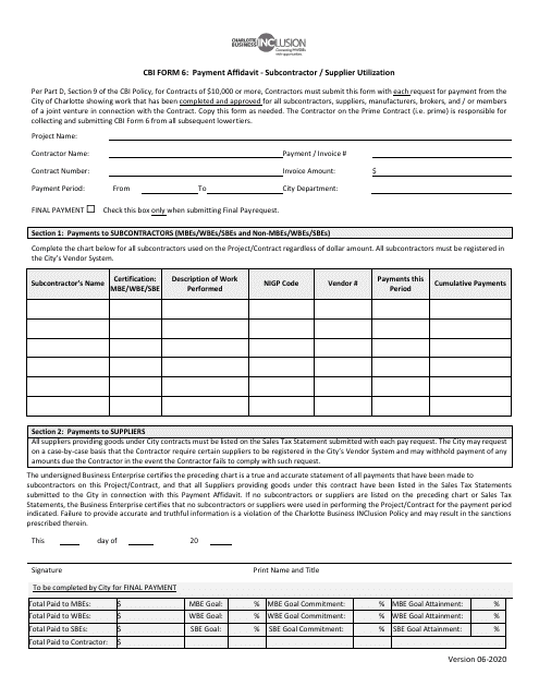CBI Form 6 Payment Affidavit - Subcontractor/Supplier Utilization - Mwsbe Goal - City of Charlotte, North Carolina