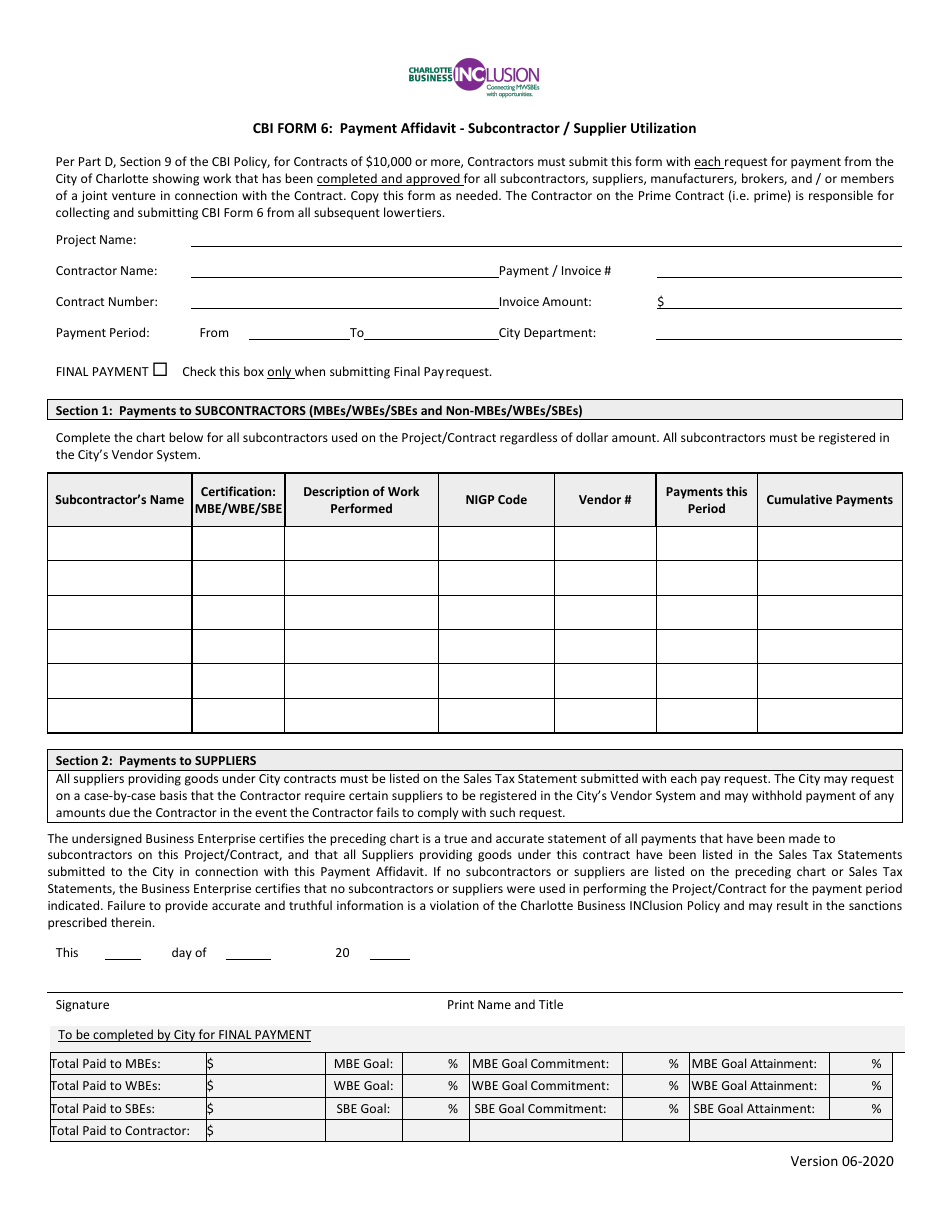 CBI Form 6 Payment Affidavit - Subcontractor / Supplier Utilization - Mwsbe Goal - City of Charlotte, North Carolina, Page 1