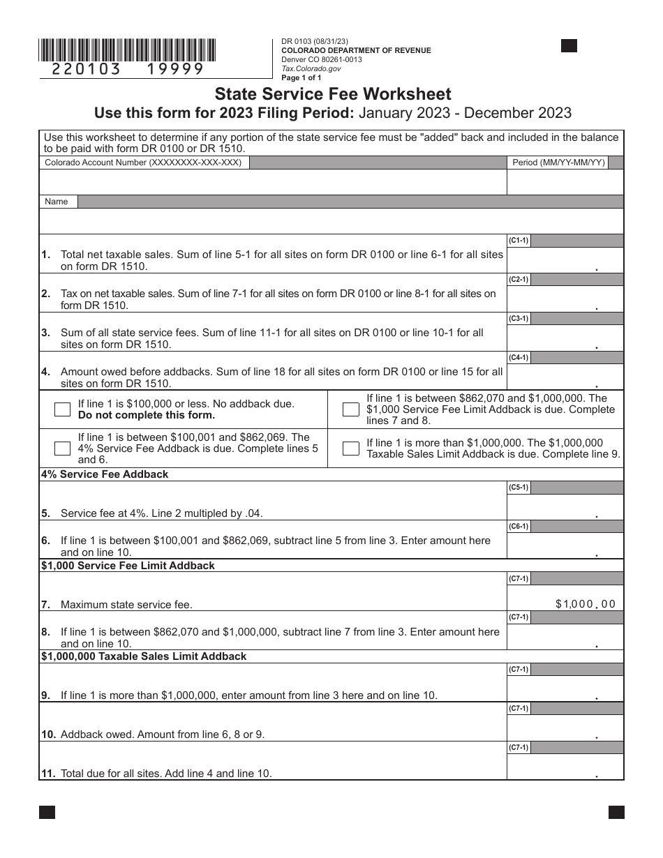 Form DR0103 Service Fee Worksheet - Colorado, Page 2