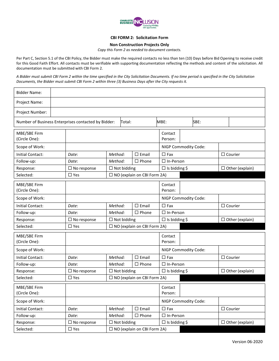 CBI Form 2 Solicitation Form - Non Construction Projects Only - City of Charlotte, North Carolina, Page 1