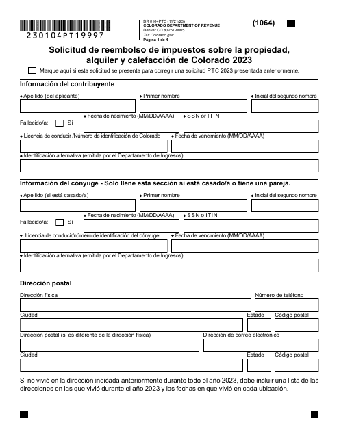Formulario DR0104PTC Solicitud De Reembolso De Impuestos Sobre La Propiedad, Alquiler Y Calefaccion De Colorado - Colorado (Spanish), 2023