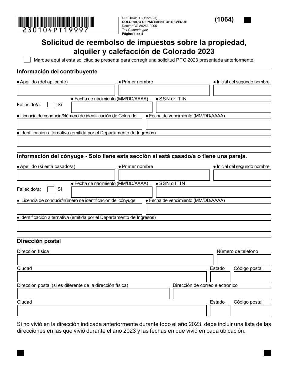 Formulario DR0104PTC Solicitud De Reembolso De Impuestos Sobre La Propiedad, Alquiler Y Calefaccion De Colorado - Colorado (Spanish), Page 1