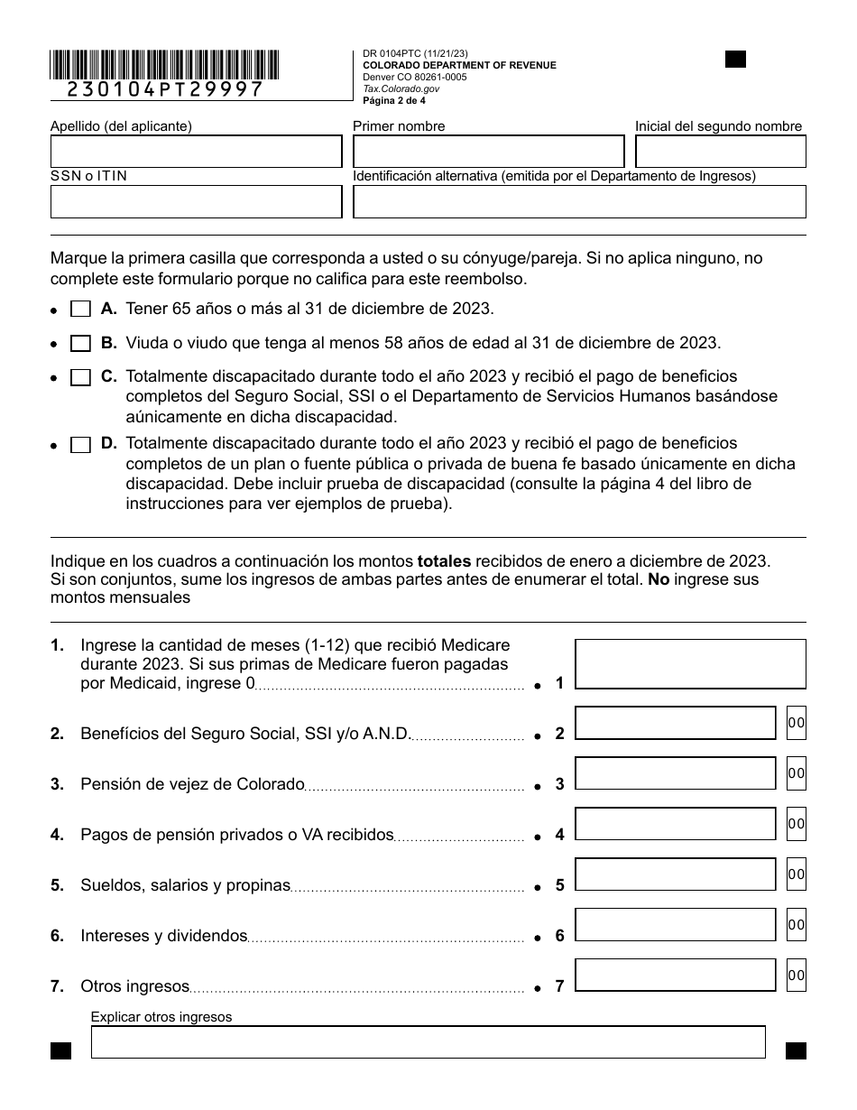 Formulario DR0104PTC Solicitud De Reembolso De Impuestos Sobre La Propiedad, Alquiler Y Calefaccion De Colorado - Colorado (Spanish), Page 2