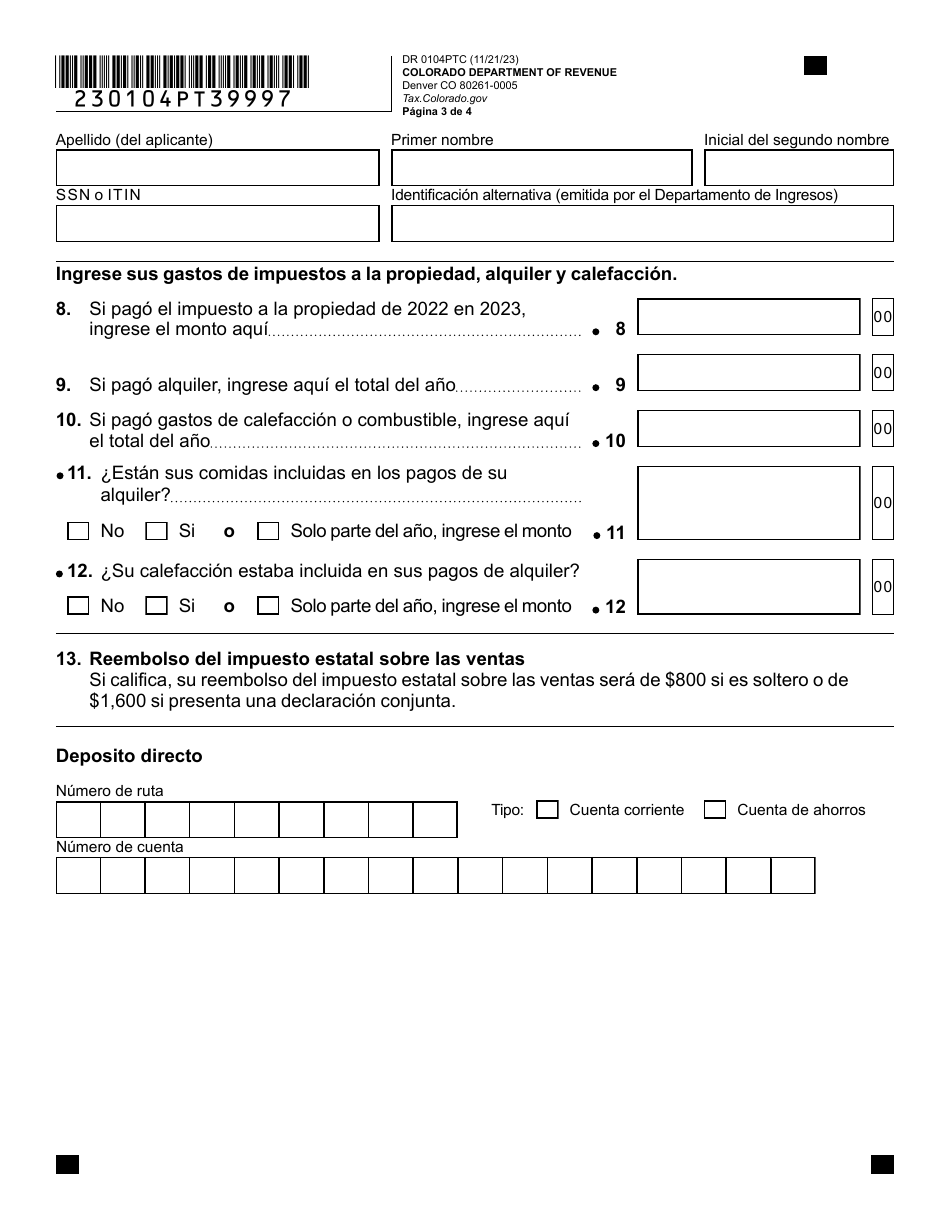Formulario DR0104PTC Solicitud De Reembolso De Impuestos Sobre La Propiedad, Alquiler Y Calefaccion De Colorado - Colorado (Spanish), Page 3