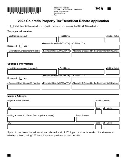 Form DR0104PTC Colorado Property Tax/Rent/Heat Rebate Application - Colorado, 2023