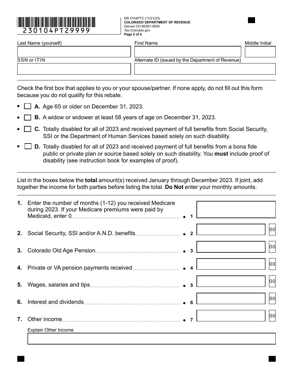 Form DR0104PTC Colorado Property Tax / Rent / Heat Rebate Application - Colorado, Page 2