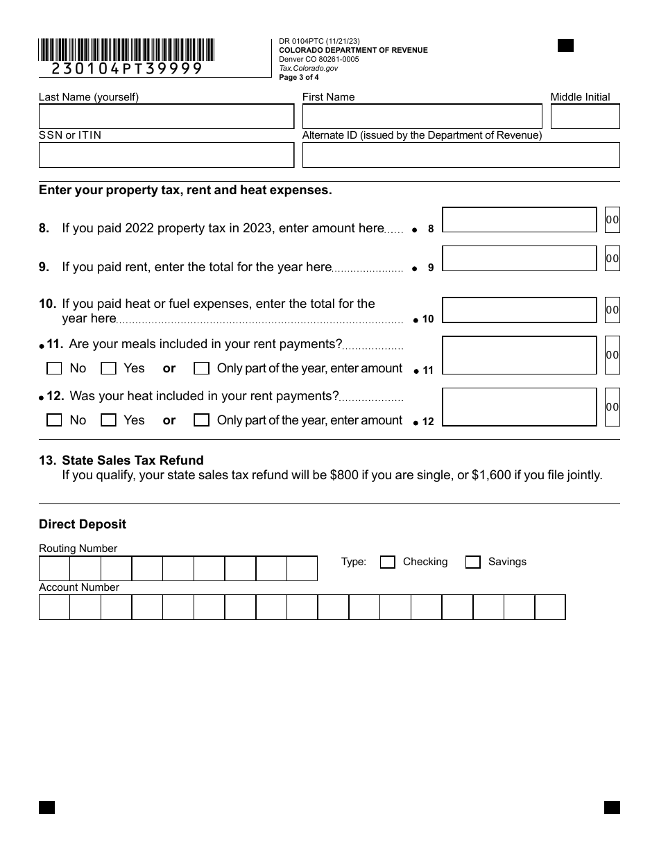 Form DR0104PTC Colorado Property Tax / Rent / Heat Rebate Application - Colorado, Page 3