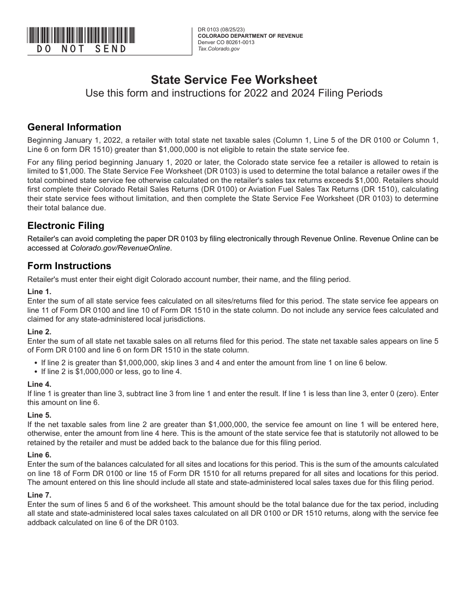 Form DR0103 State Service Fee Worksheet - Colorado, Page 1