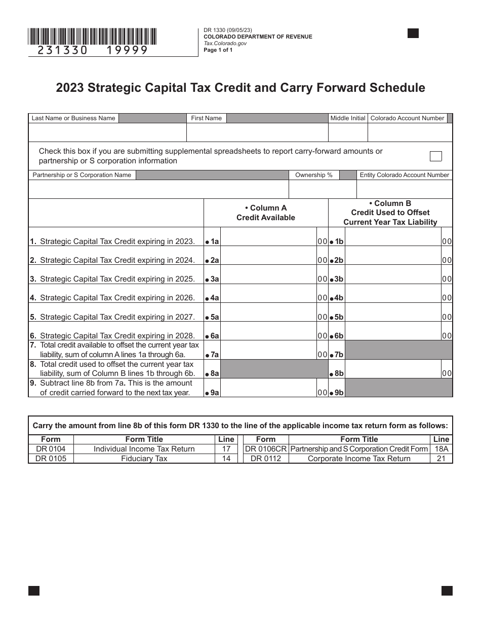 Form DR1330 Strategic Capital Tax Credit and Carry Forward Schedule - Colorado, Page 1
