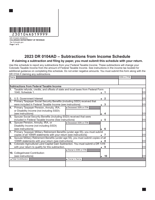 Form DR0104AD Subtractions From Income Schedule - Colorado, 2023