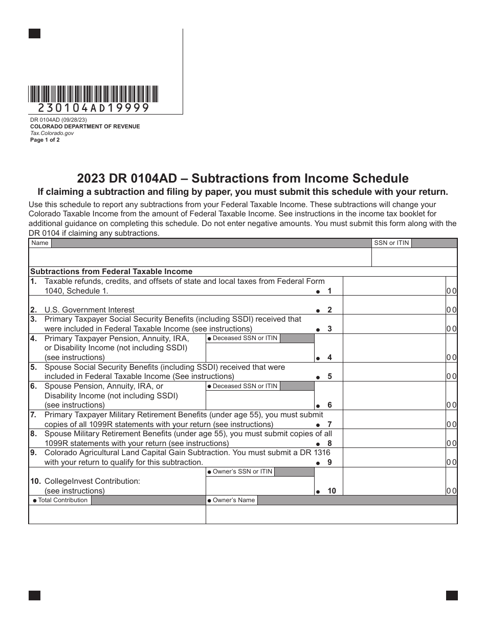 Form DR0104AD Subtractions From Income Schedule - Colorado, Page 1