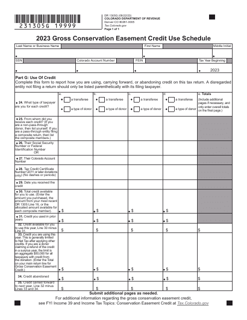 Form DR1305G Gross Conservation Easement Credit Use Schedule - Colorado, 2023
