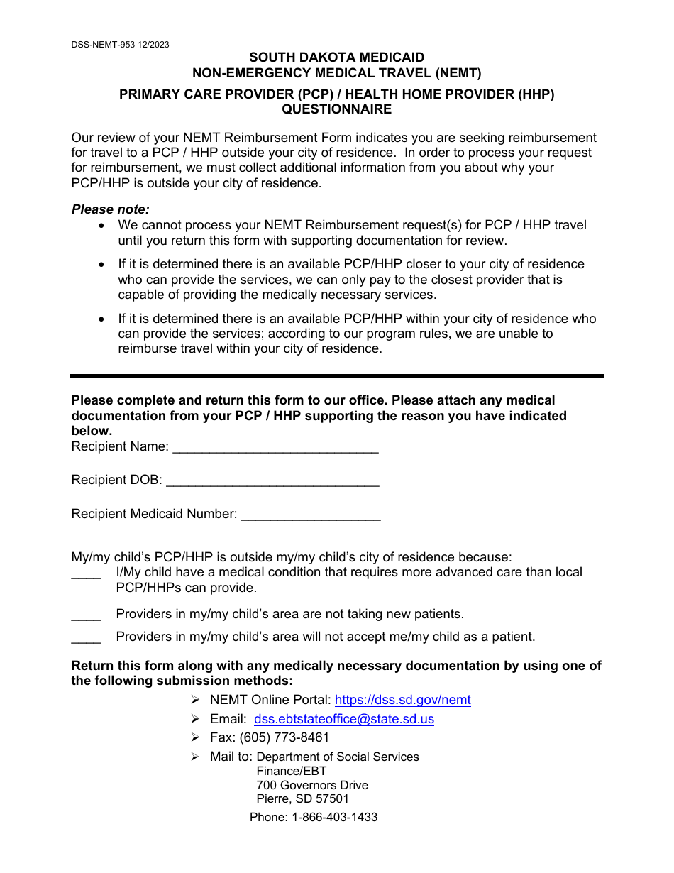Form DSS-NEMT-953 Non-emergency Medical Travel (Nemt) Primary Care Provider (Pcp) / Health Home Provider (Hhp) Questionnaire - South Dakota, Page 1
