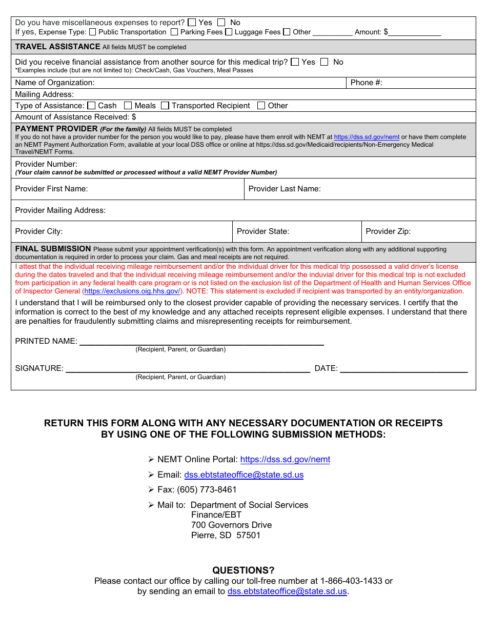 Form DSS-NEMT-970 Non-emergency Medical Travel (Nemt) Reimbursement Form - Day Trip - South Dakota, Page 2