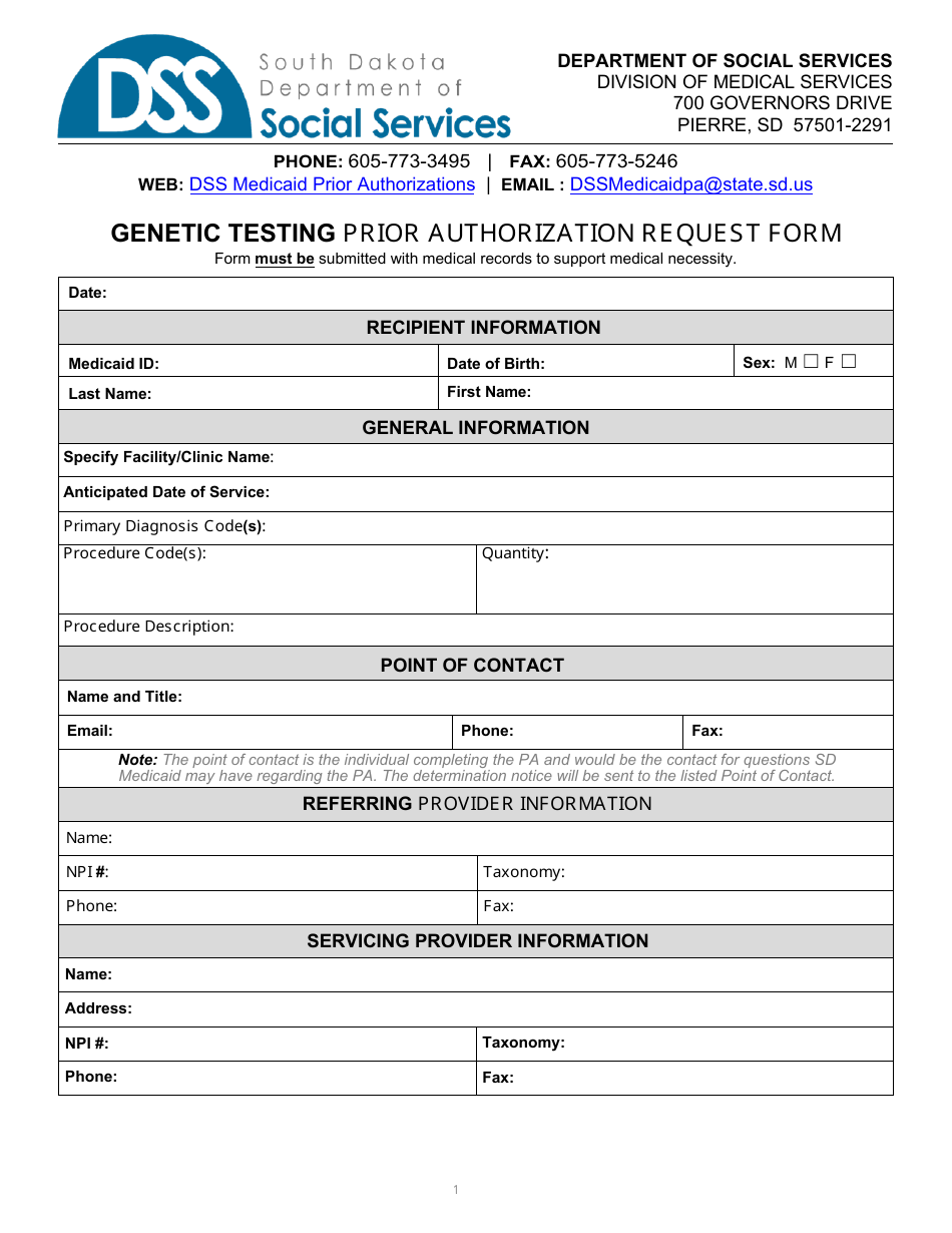 Form PA-106 Genetic Testing Prior Authorization Request Form - South Dakota, Page 1
