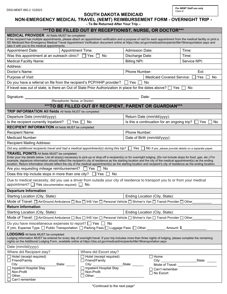 Form DSS-NEMT-950.2 Non-emergency Medical Travel (Nemt) Reimbursement Form - Overnight Trip - South Dakota, Page 1